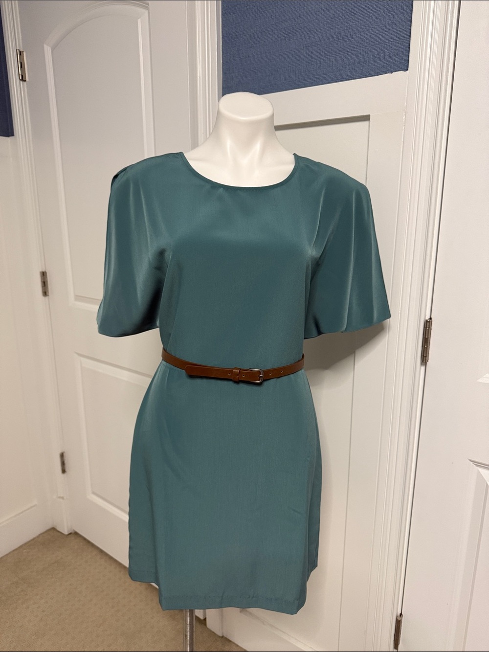 BCBGeneration Teal Short-Sleeve Satin Shift Dress with Brown Belt